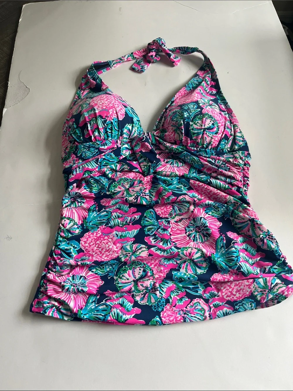 Lilly Pulitzer Navy Floral Halter Swim Top with Bright Pink & Teal Accents
